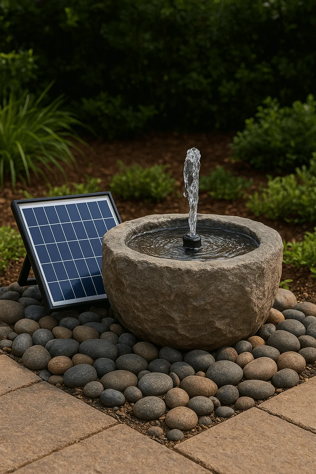 Solar-powered stone fountain with water bubbling in a round rock basin, surrounded by decorative river pebbles in a landscaped garden