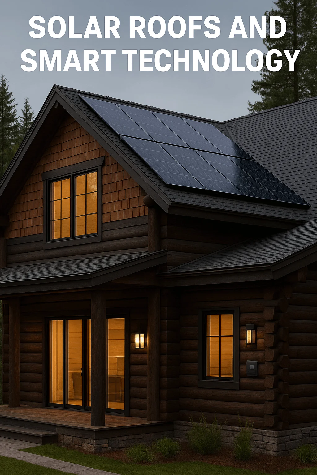 Modern log cabin with solar roof panels and smart home technology for sustainable energy efficiency