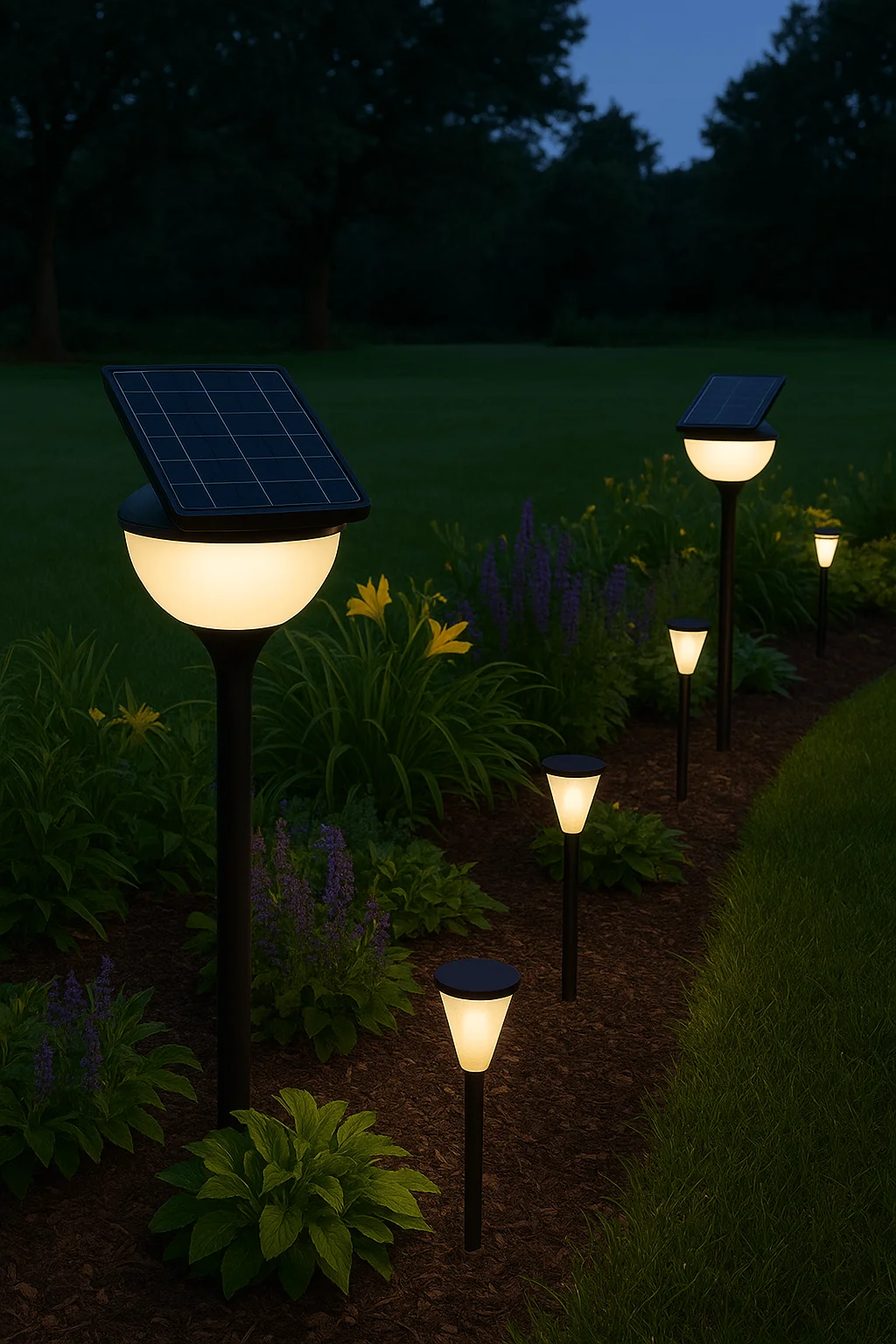 Row of solar-powered garden lights illuminating a flower bed at dusk, with glowing stake lights and larger solar pod lamps adding sustainable outdoor lighting