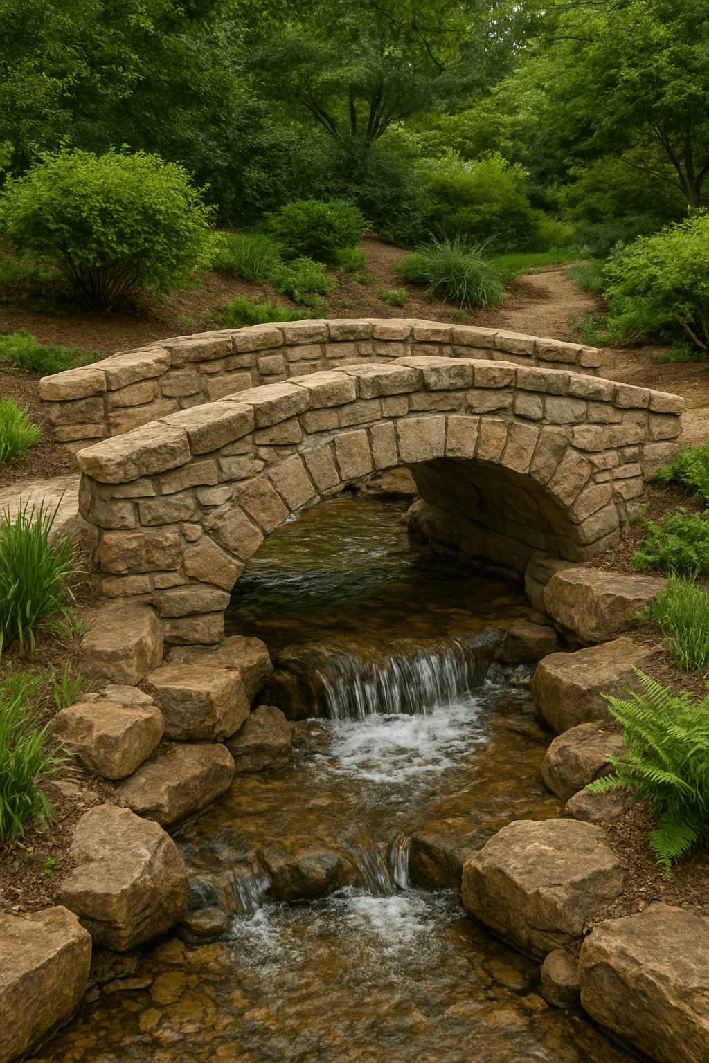 Rustic stone bridge arching over a clear woodland stream with small cascading waterfall