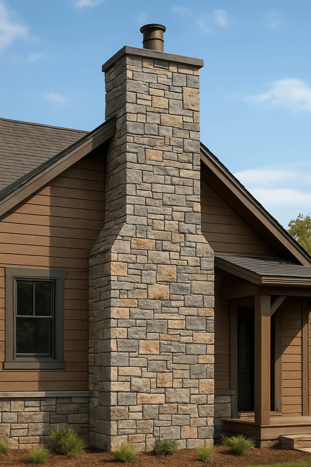 Log cabin exterior with tall stone chimney featuring mixed gray and beige tones for rustic charm