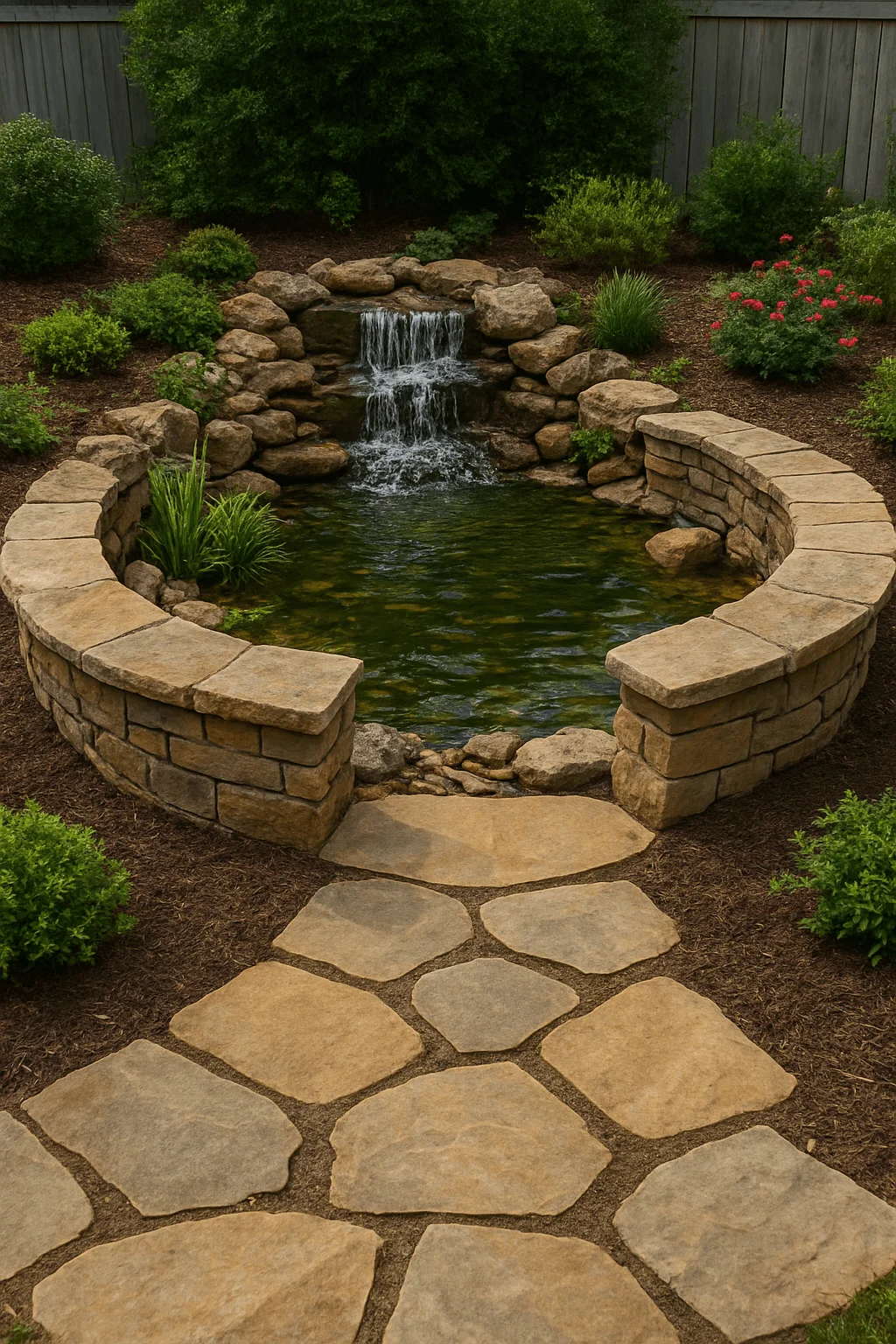 Backyard pond with stone waterfall feature and curved stone seating wall surrounded by landscaped greenery