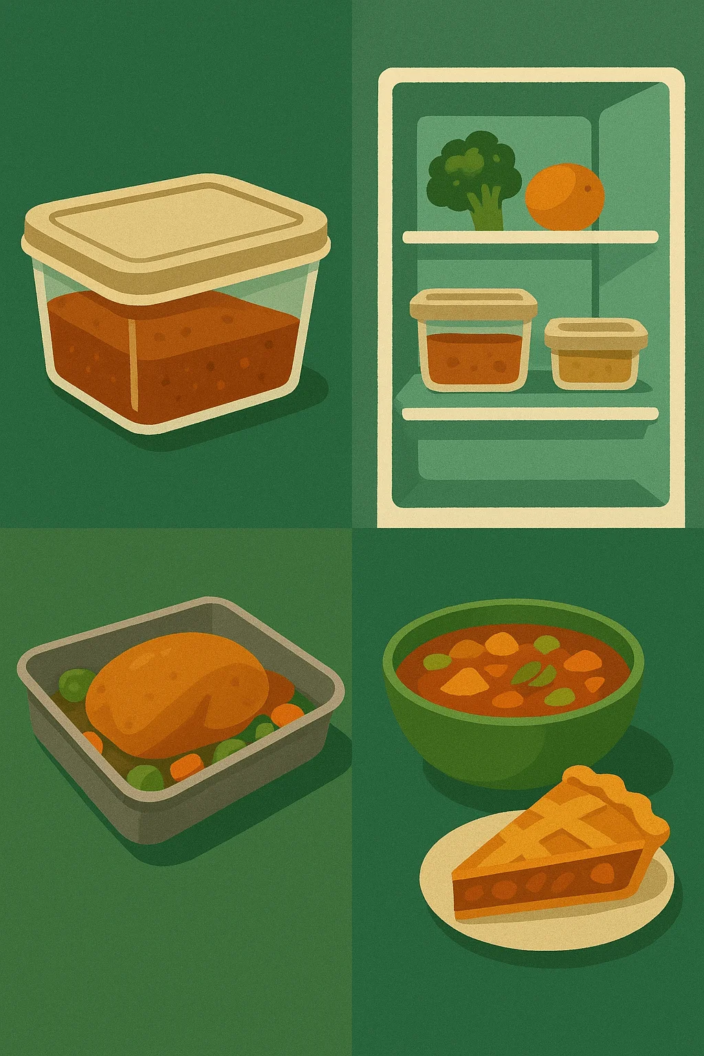 "Illustration of Christmas leftovers stored in containers, fridge storage, reheated meals, and repurposed dishes like soup and pie, promoting effective food use
