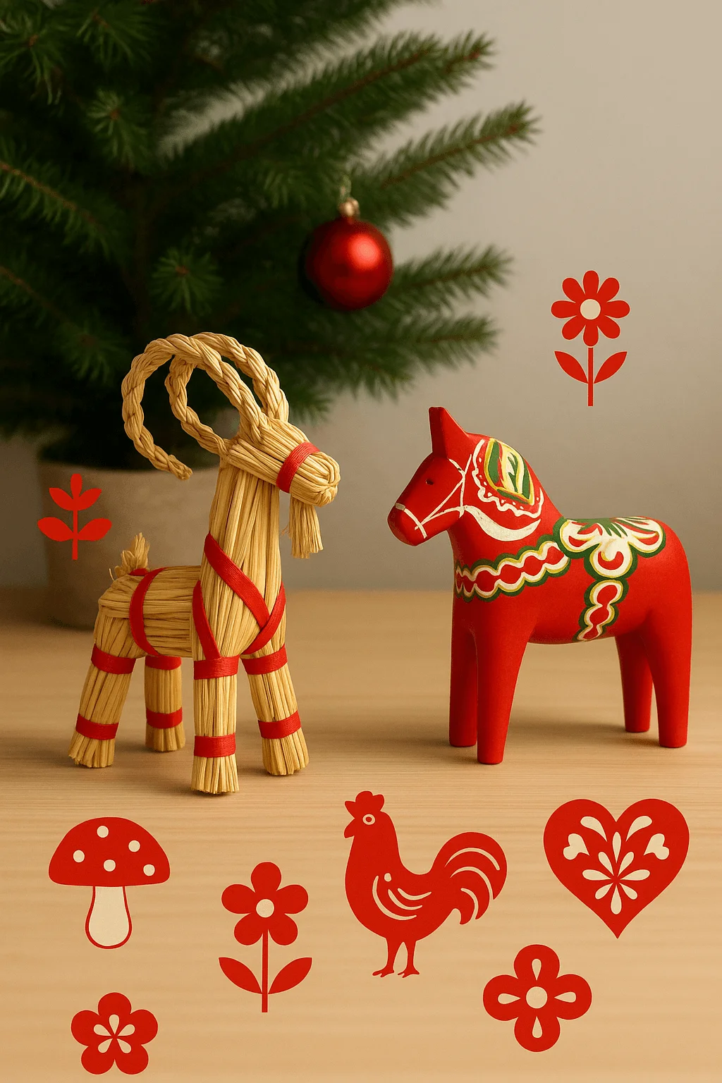 Traditional Scandinavian Christmas decorations with a straw Yule goat and red wooden Dala horse, accented by Nordic folk motifs