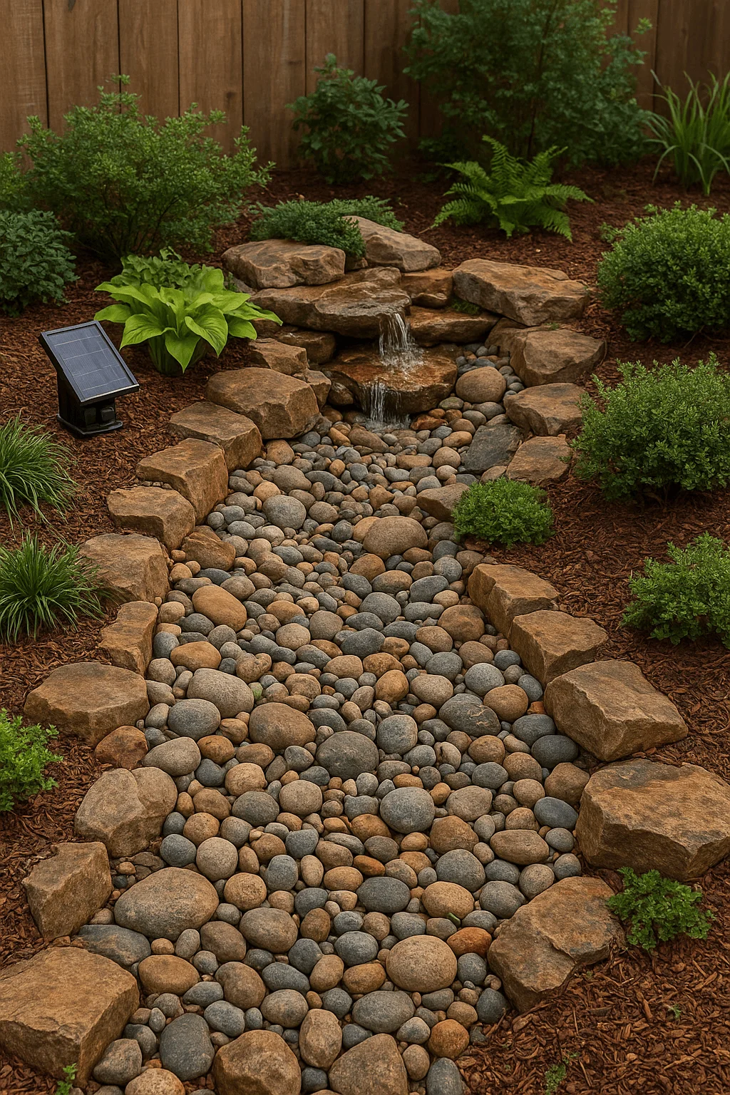 Eco-friendly backyard water feature with a small rock waterfall, pebble stream bed, solar-powered light, and lush greenery for sustainable landscape design