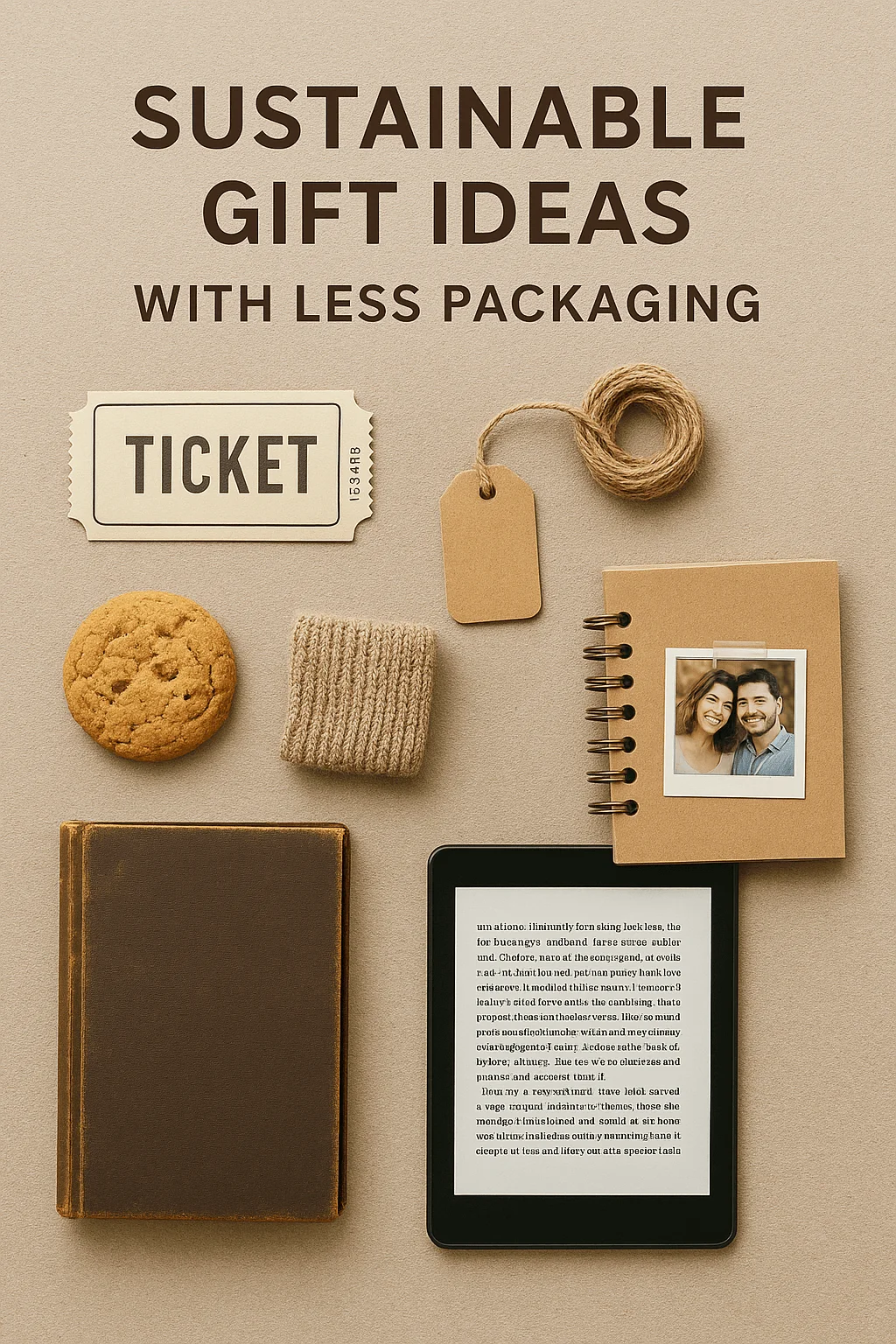 Flat lay of sustainable gift ideas with less packaging, including an experience ticket, reusable notebook, ebook reader, homemade cookie, cozy knitwear, and eco-friendly wrapping materials