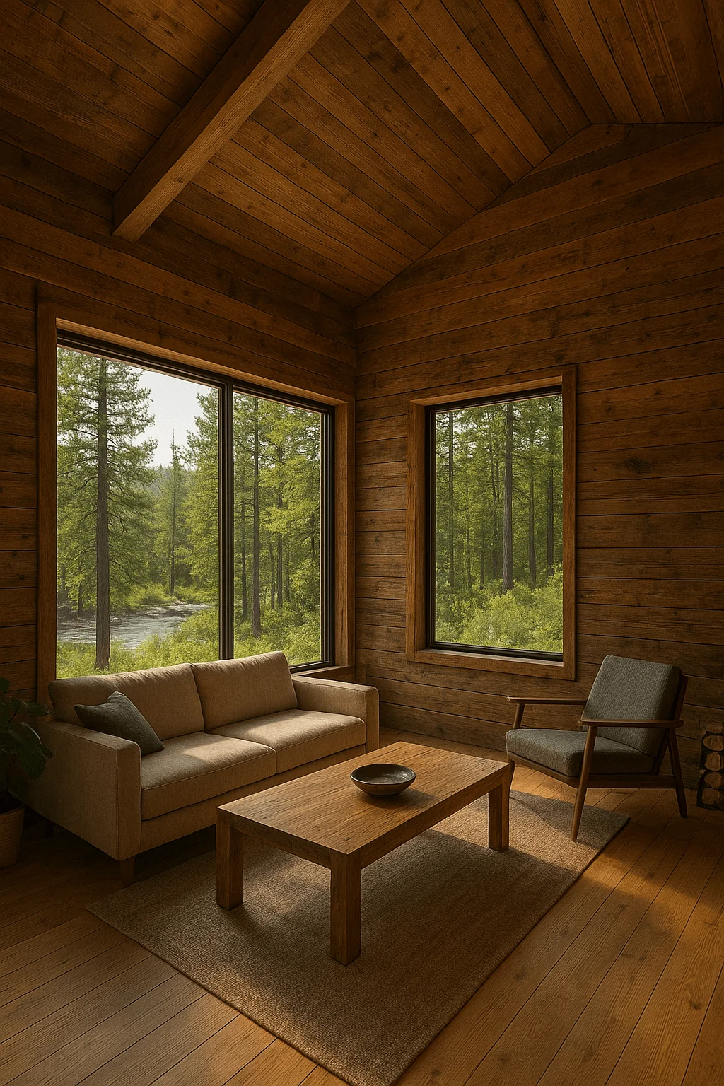 Cozy log cabin living room with wood-paneled walls, large windows overlooking forest views, and minimalist natural decor