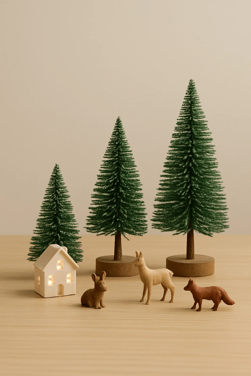 Scandinavian Christmas tabletop scene with miniature bottlebrush trees, ceramic house with lights, and small wooden forest animals