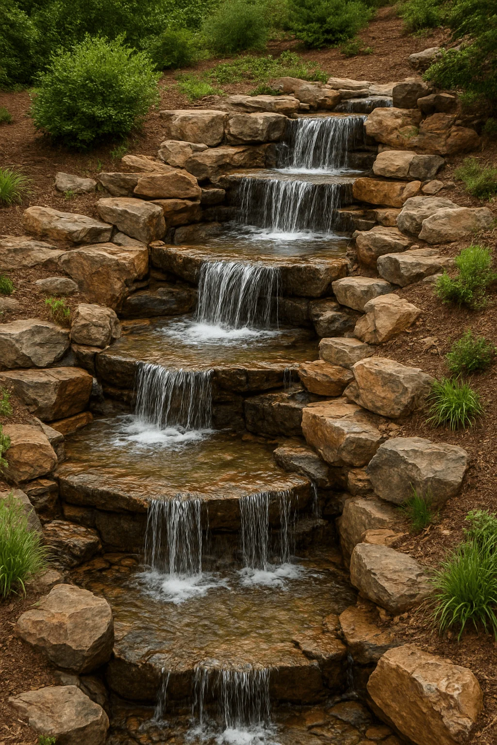 Terraced rock pond waterfall with multiple stone steps and cascading water surrounded by natural landscaping