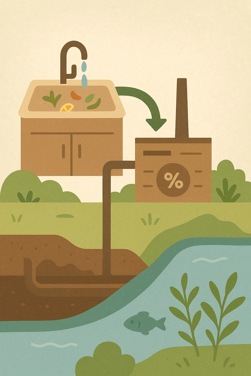 Illustration showing food scraps and water going from a kitchen sink to a wastewater treatment plant, with pipes leading to soil and a river with fish, highlighting the connection between food waste, wastewater, and the environment