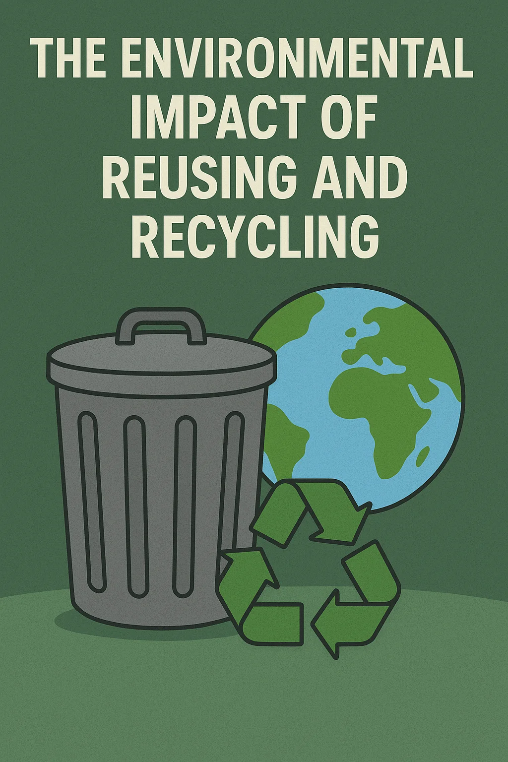 Illustration showing a trash can, recycling symbol, and Earth with the text 'The Environmental Impact of Reusing and Recycling,' highlighting eco-friendly waste management