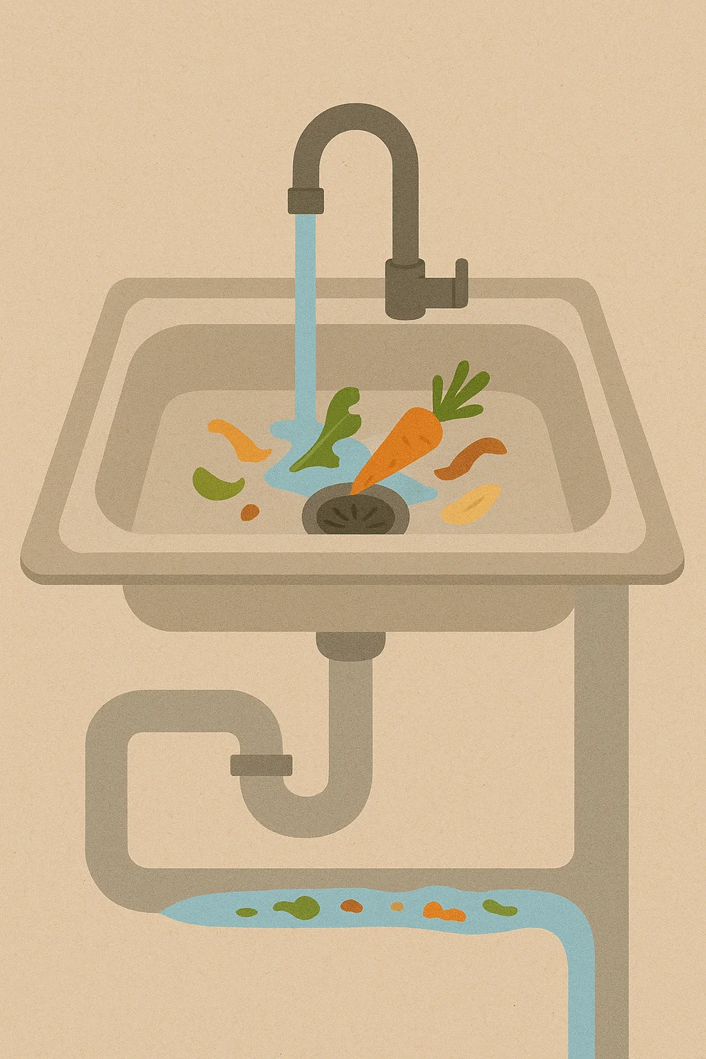 Illustration of a kitchen sink with running water washing food scraps like carrots and peels into the drain and through pipes