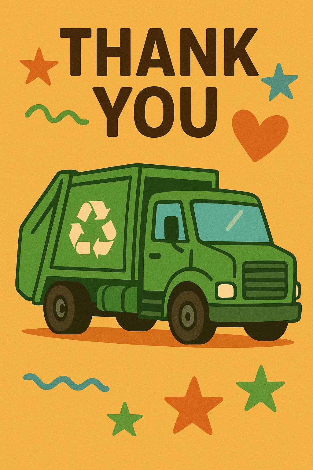Trash truck-themed thank you card with green recycling truck, stars, heart, and colorful accents