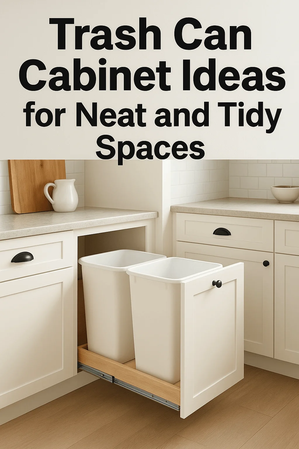 Pull-out trash can cabinet with dual bins in a modern white kitchen for neat and tidy storage ideas