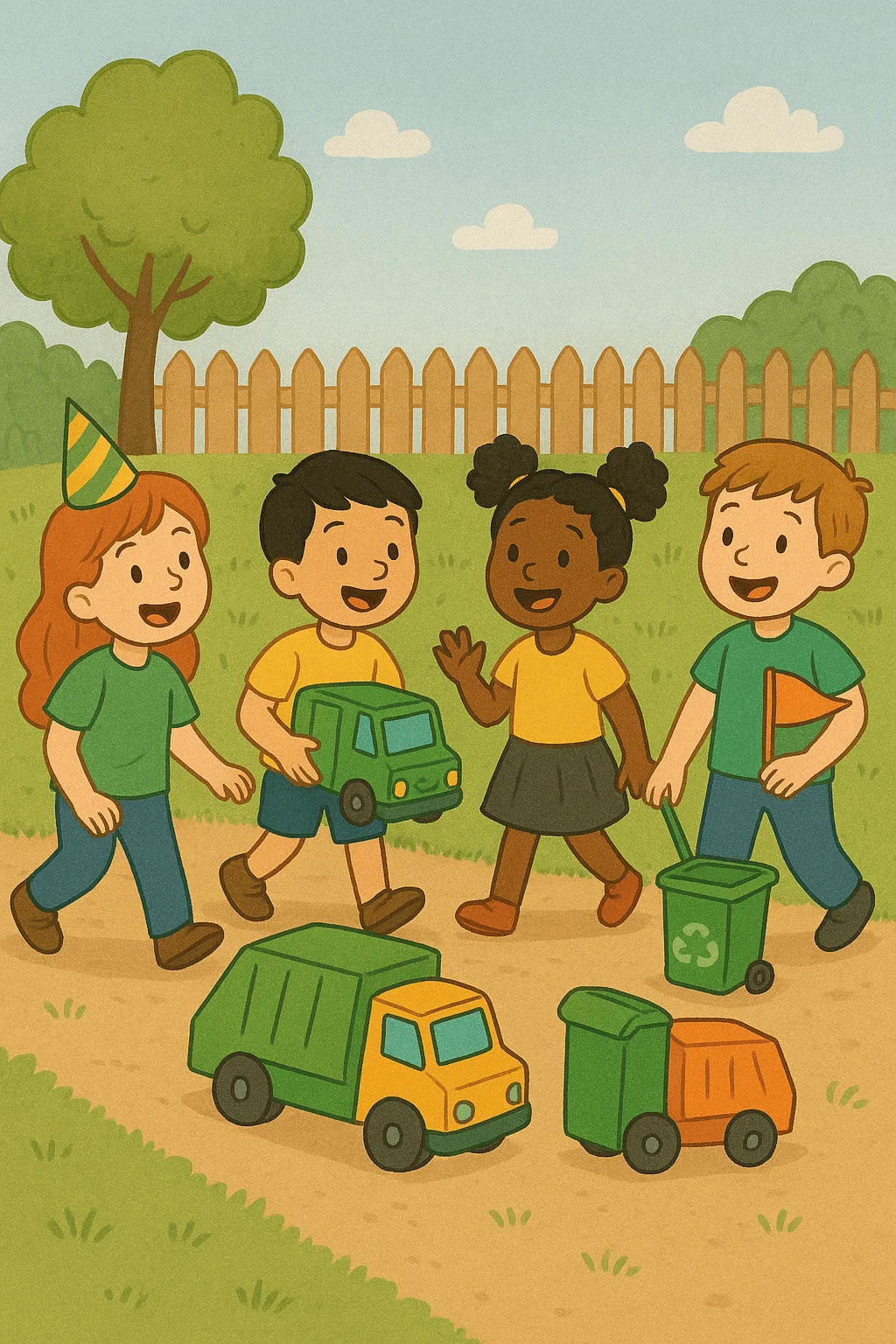 Illustration of kids at a trash truck birthday party playing outdoors with toy garbage trucks, recycling bins, and wearing party hats