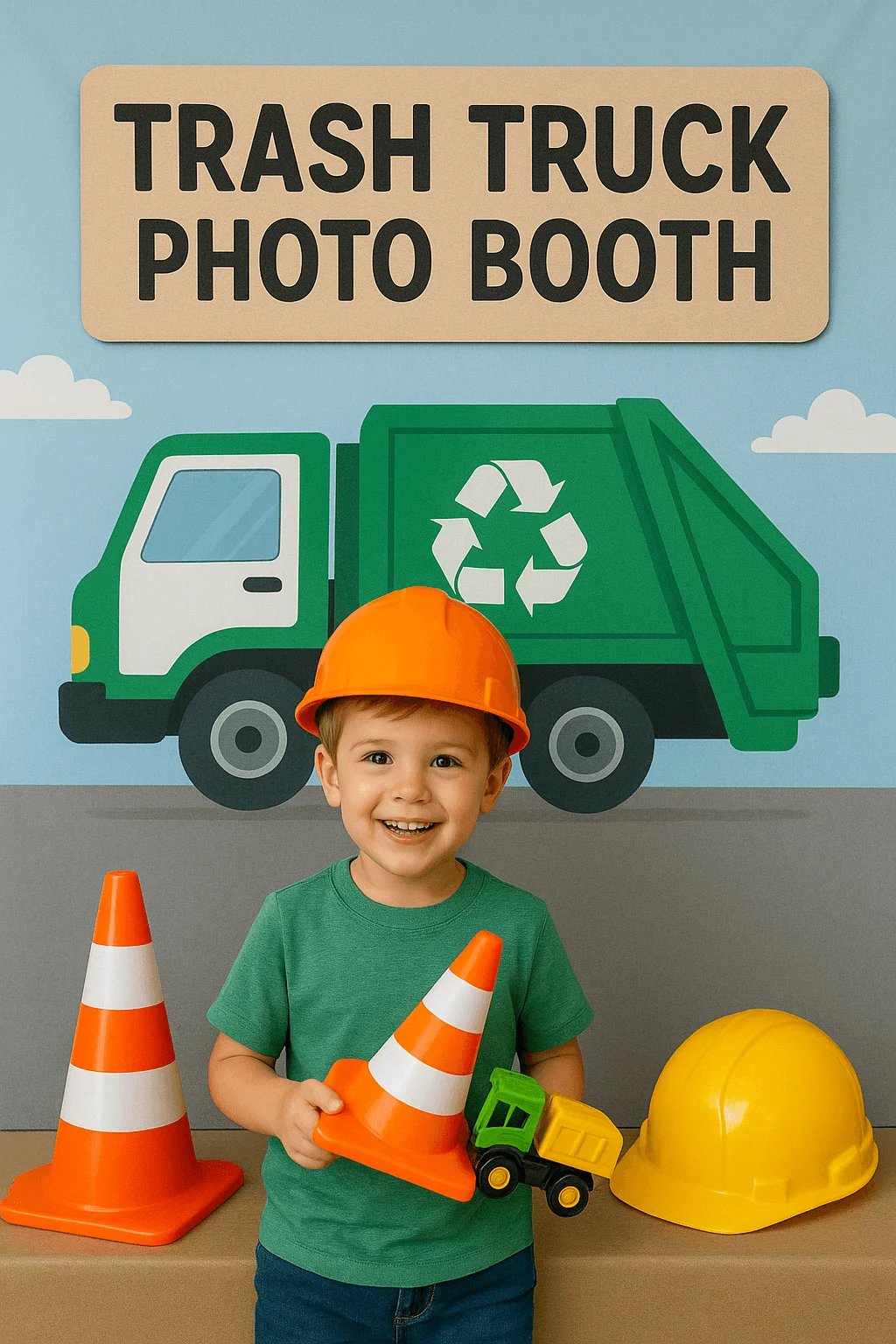 Child at trash truck photo booth with hard hat, toy truck, and traffic cones at garbage truck birthday party