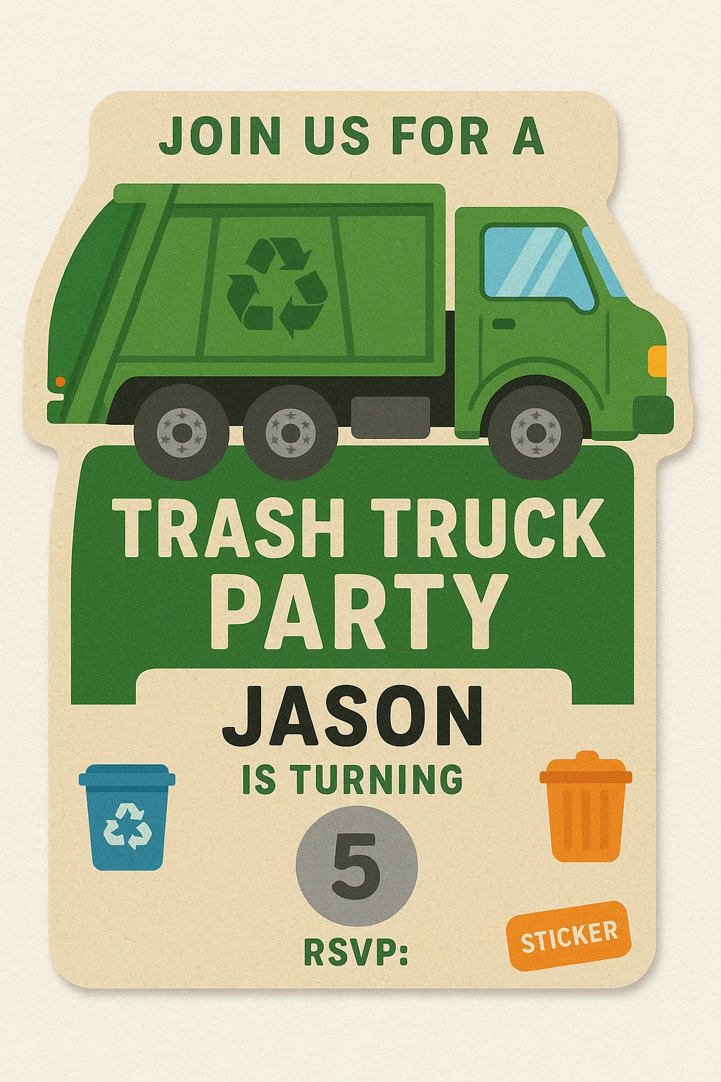Trash truck-themed kids’ birthday party invitation with green recycling truck design and customizable details