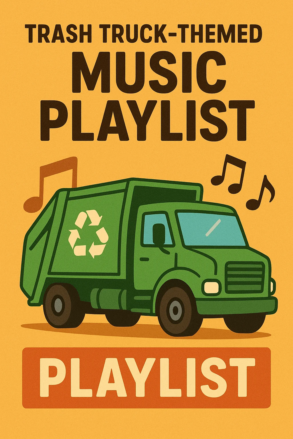 Trash truck-themed birthday party music playlist sign with green recycling truck and musical notes