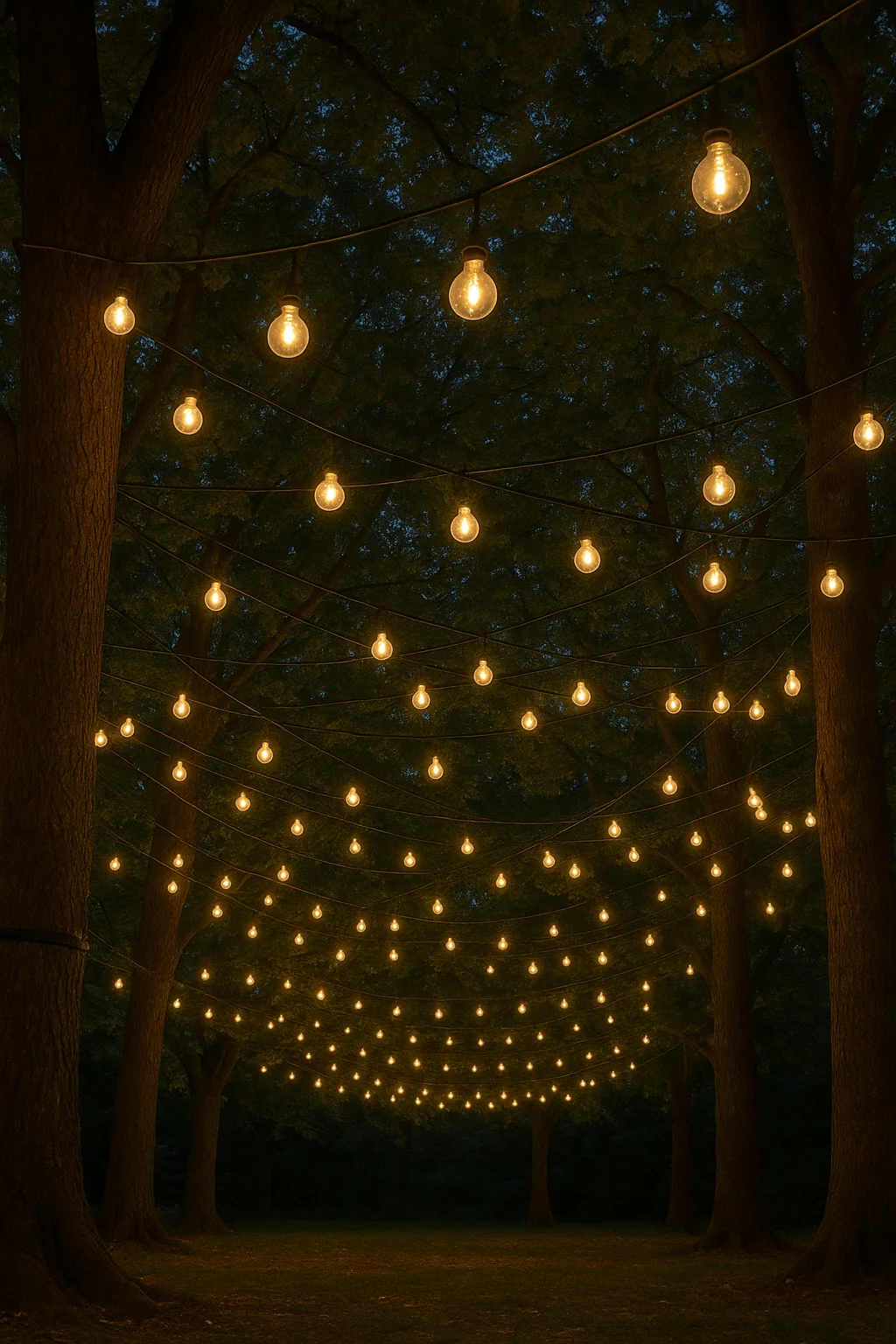 A canopy of oversized globe string lights hanging between tall trees, creating a magical courtyard lighting effect at night