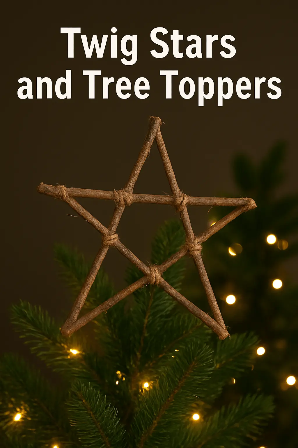 Rustic twig star tree topper tied with twine, placed on top of a Christmas tree with glowing string lights in the background