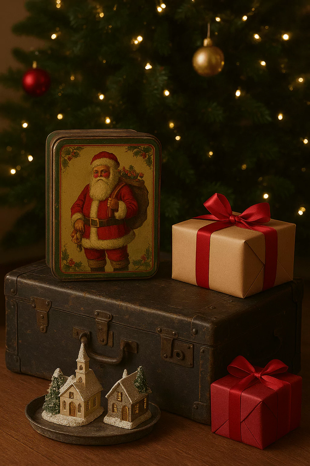 Vintage Christmas decor with antique Santa tin, old trunk, miniature village houses, and wrapped gifts.
