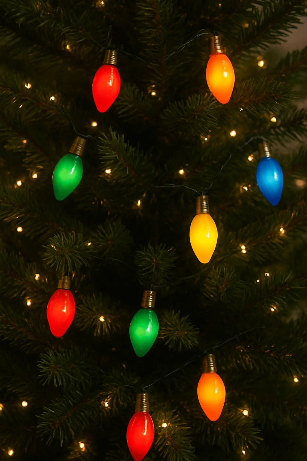 Vintage multicolor C9 Christmas lights on a green Christmas tree, glowing in red, green, blue, and yellow bulbs with warm white twinkle lights in the background.