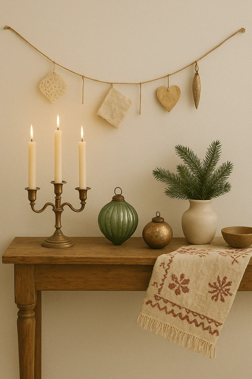 Vintage Scandinavian Christmas decor with brass candelabra, rustic ornaments, greenery in a ceramic vase, and embroidered table textile