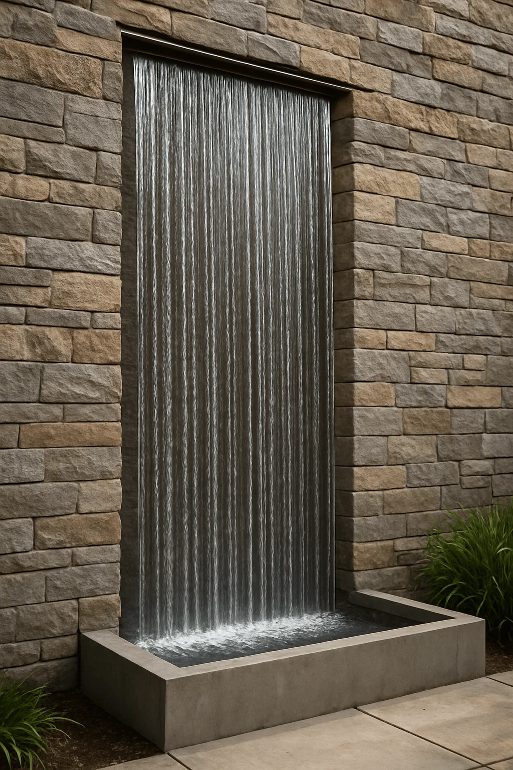 Modern sheet water wall feature with cascading water blades built into a stone wall, flowing into a rectangular basin