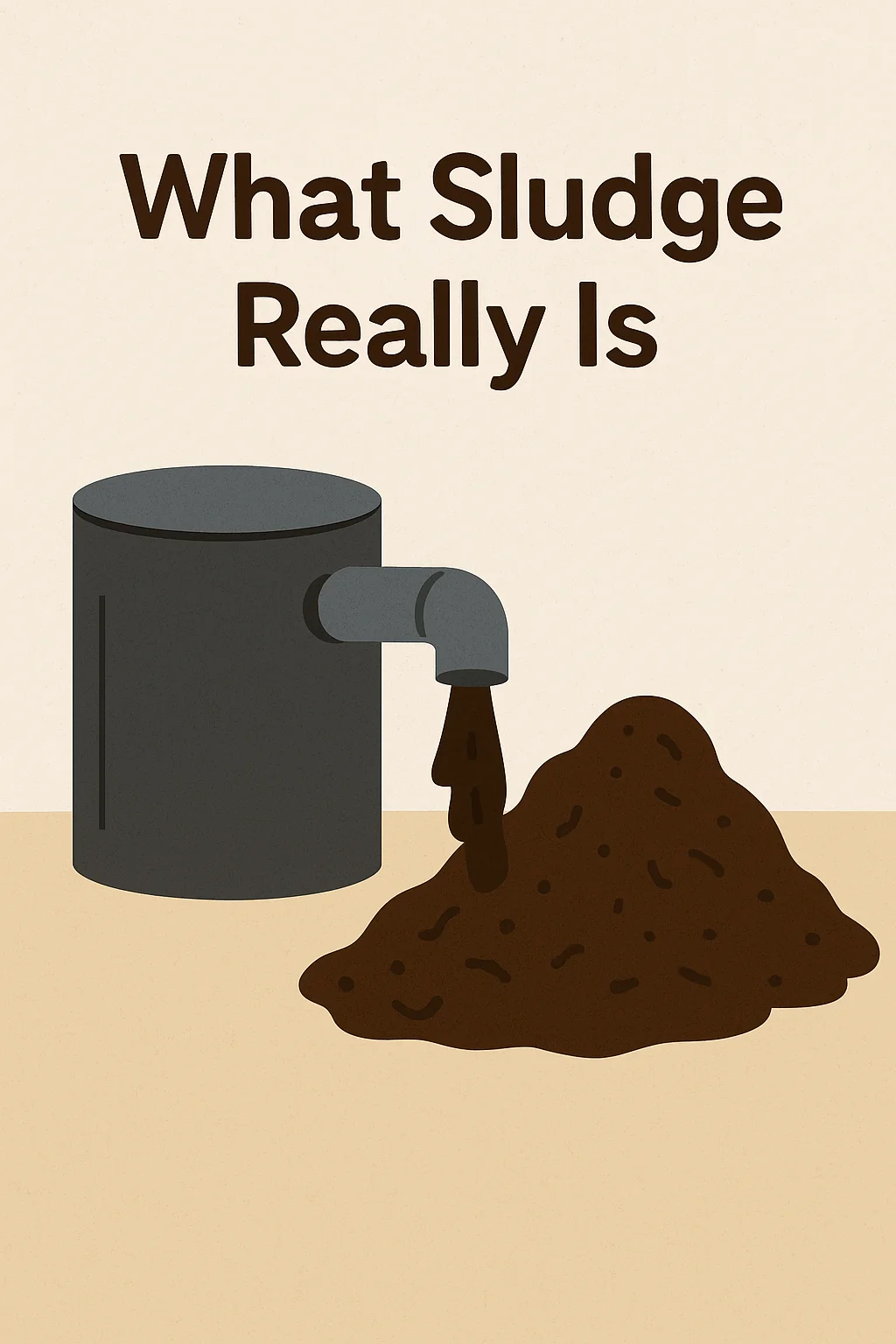Illustration of wastewater treatment sludge being discharged from a tank pipe into a pile, showing what sludge really is