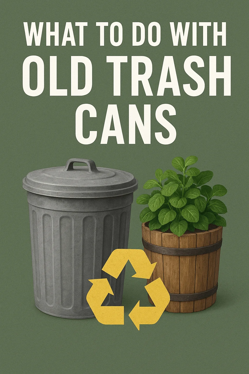 Illustration with the text 'What to Do with Old Trash Cans,' showing a metal trash can beside a wooden planter with green plants and a yellow recycling symbol.