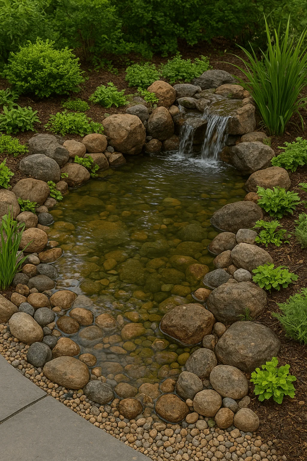 Natural wildlife-friendly rock pond with small waterfall, surrounded by smooth stones and lush greenery in a garden