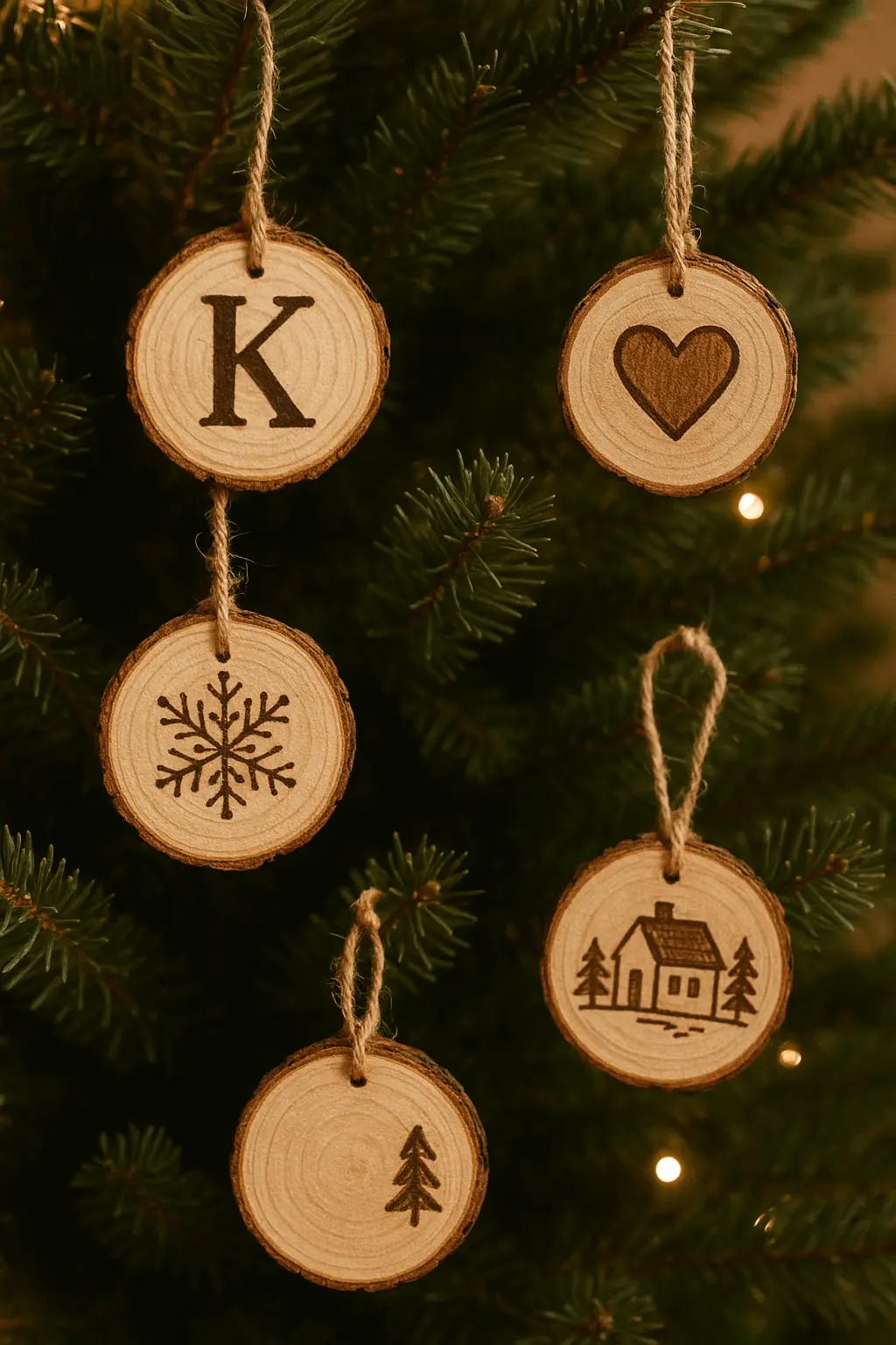 Rustic Christmas tree decorated with handmade wood slice ornaments featuring engraved designs of a letter K, heart, snowflake, pine tree, and cabin, tied with twine.