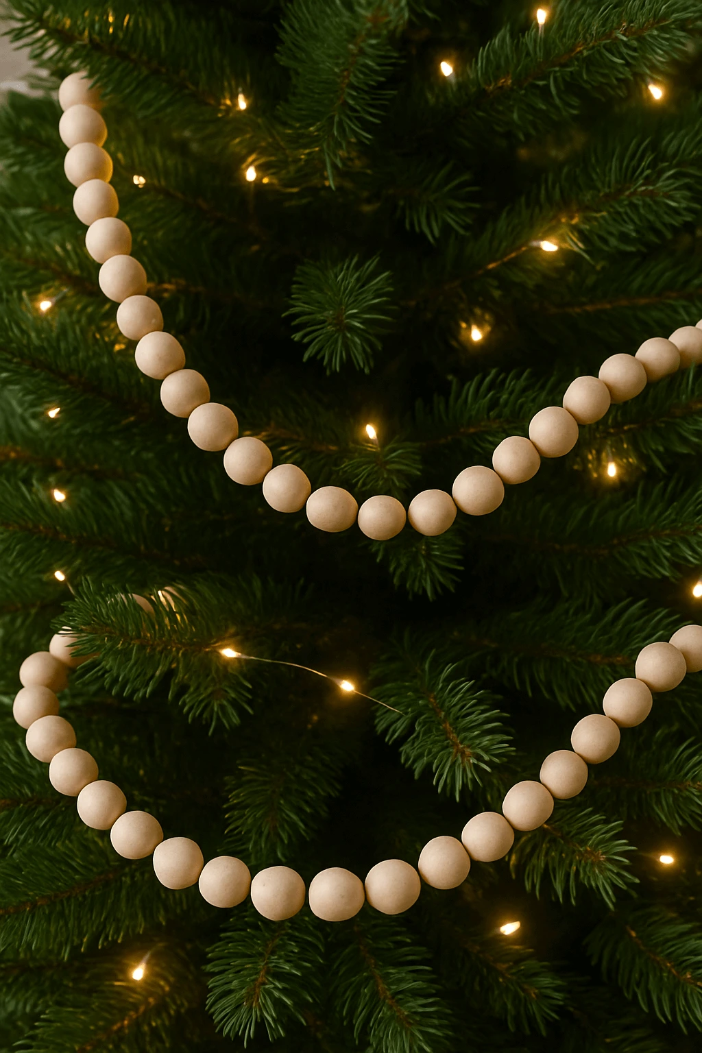 Minimalist wooden bead garland draped on a Christmas tree with warm string lights for natural holiday decor.
