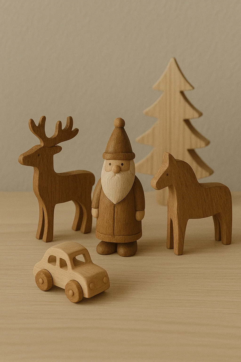 Minimalist Scandinavian wooden Christmas toys and ornaments including Santa, reindeer, horse, pine tree, and toy car