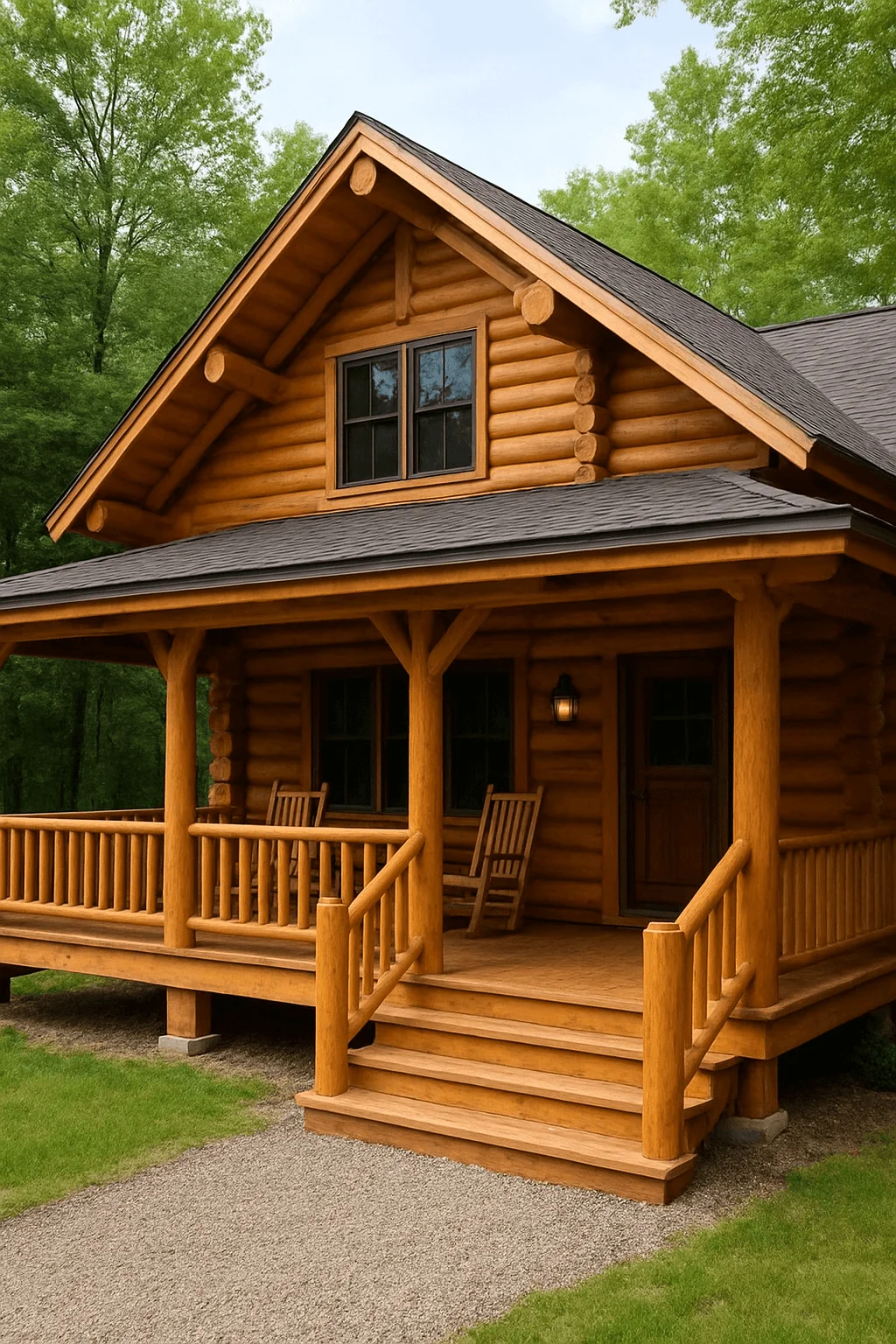 Log cabin with wraparound porch, natural wood railing, and rocking chairs for rustic outdoor living
