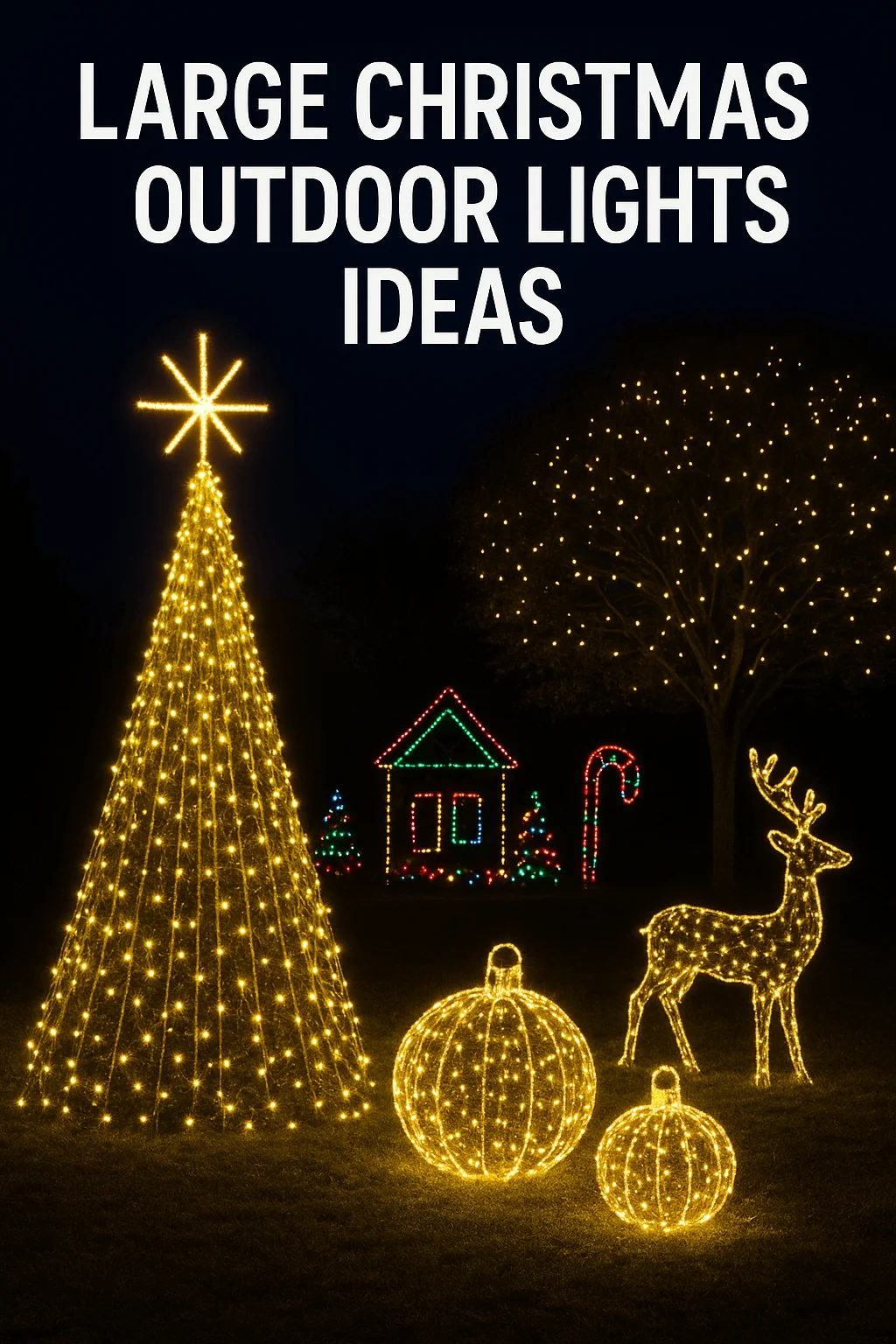 Large Christmas outdoor lights display featuring glowing reindeer, illuminated tree with star topper, giant ornament shapes, and a festive house outlined in colorful lights.