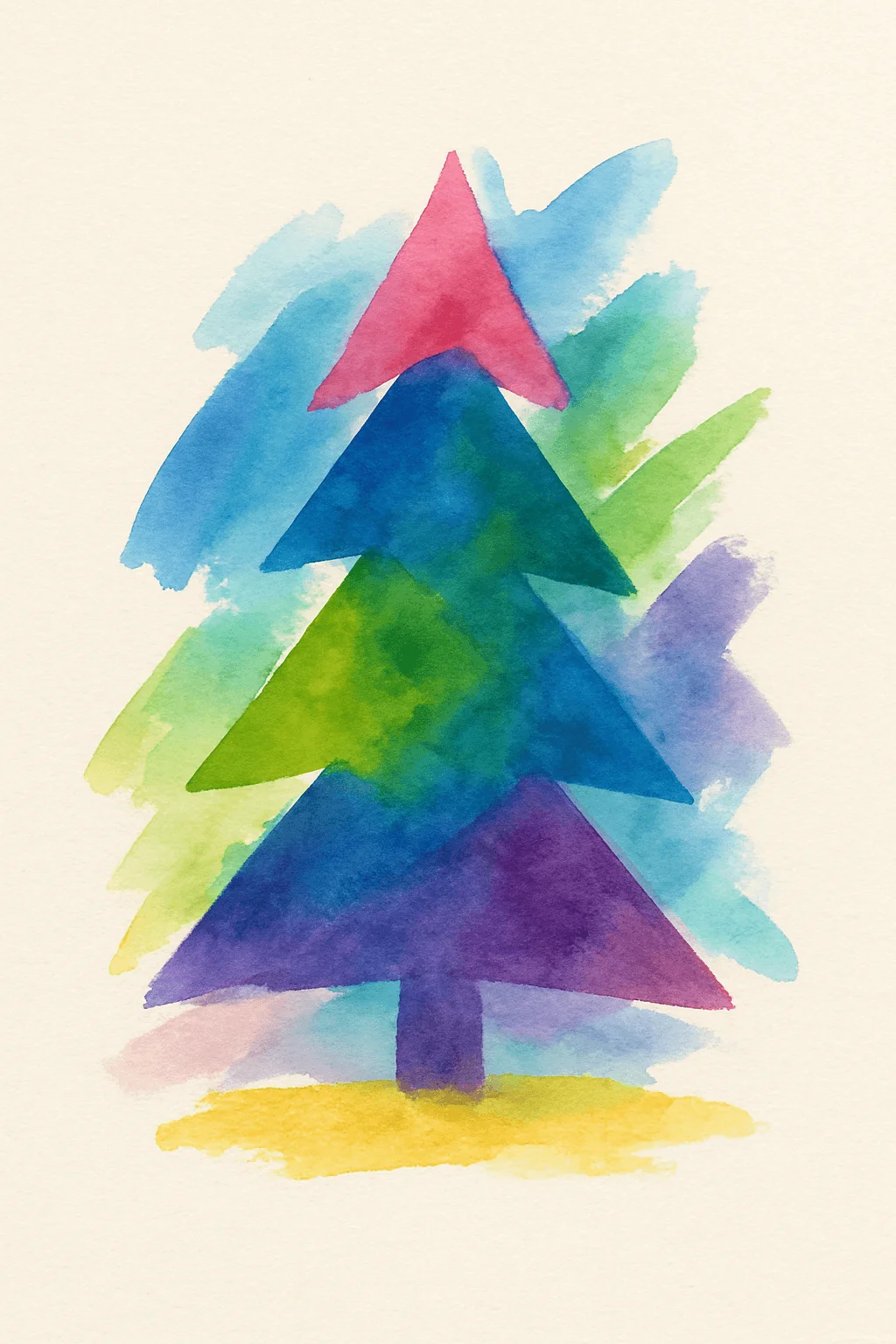 Abstract watercolor Christmas tree made of colorful geometric shapes in blue, green, purple, and pink tones on a light background, modern festive minimalist holiday art print