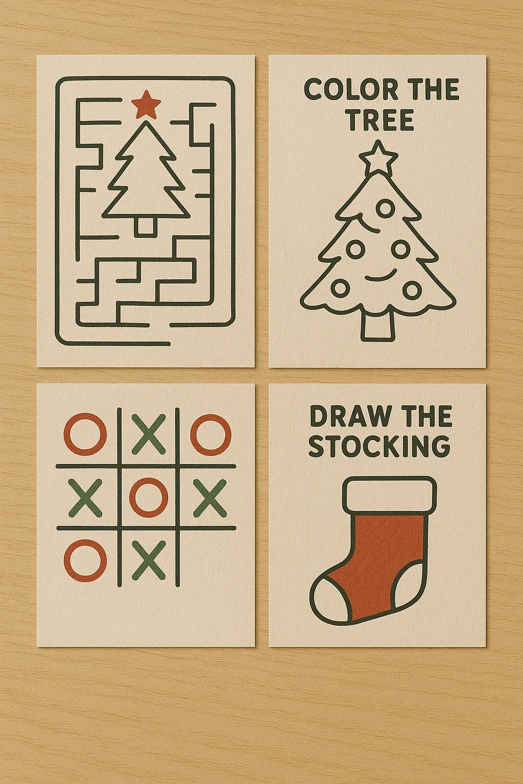 Four Christmas-themed activity cards on a wooden surface, featuring a tree maze with a red star, a coloring card labeled ‘COLOR THE TREE,’ a red and green tic-tac-toe game, and a drawing prompt labeled ‘DRAW THE STOCKING’ with an outlined stocking illustration