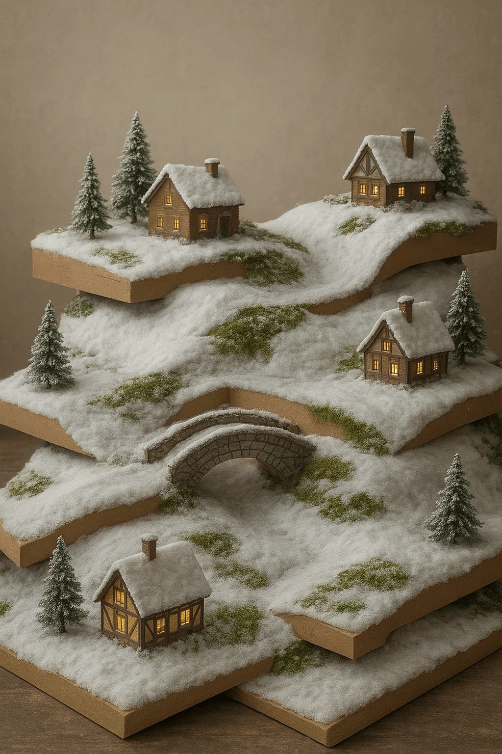 Layered snowy Christmas village display with miniature houses, pine trees, and a stone bridge on tiered platforms for added depth and dimension.