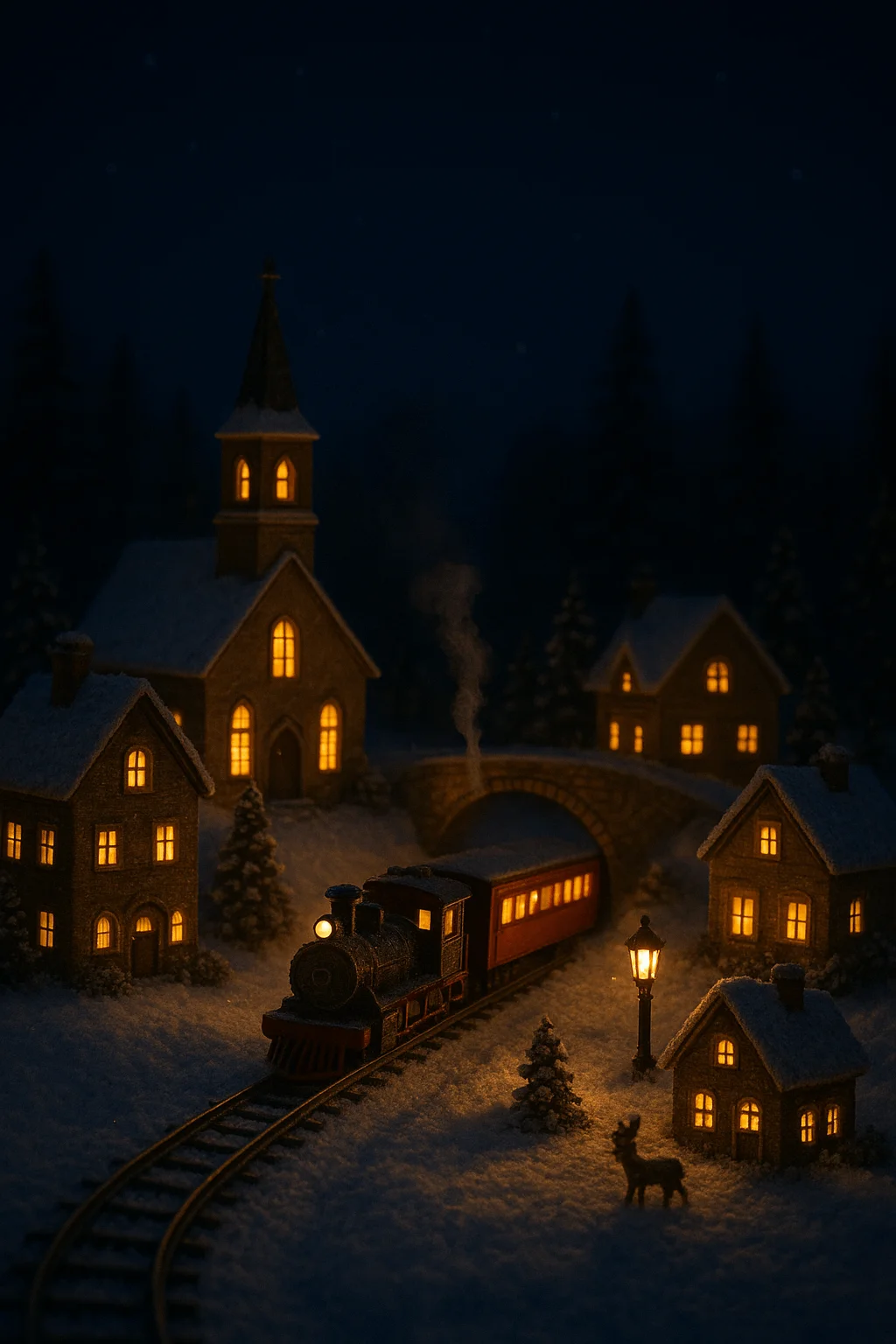 Miniature Christmas village at night with glowing lights, snow-covered houses, and a toy train passing under a bridge for a nostalgic holiday scene