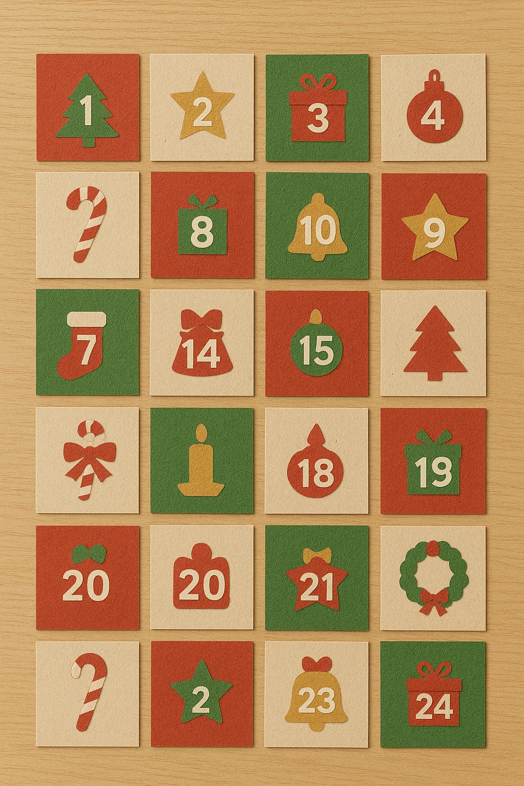 A handmade Advent calendar made from red, green, and beige paper squares, each decorated with Christmas-themed cutouts and numbers 1 to 24, including trees, stars, presents, candy canes, bells, and wreaths arranged in a grid on a wooden surface.