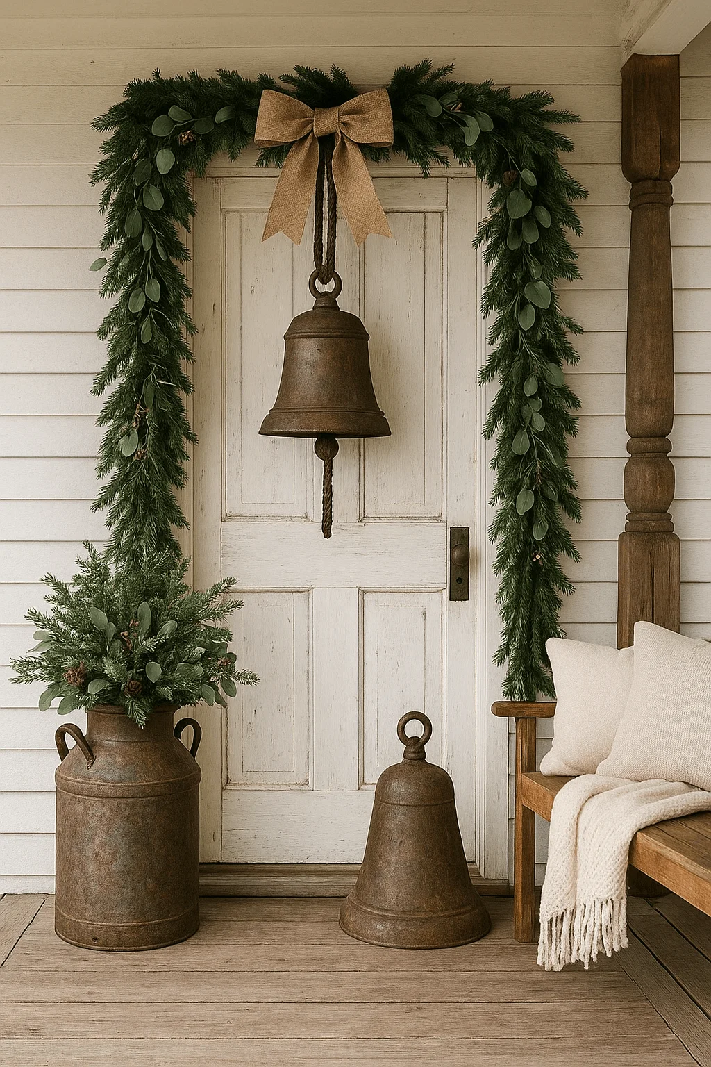 Rustic farmhouse Christmas porch with antique bells, greenery garland with a burlap bow, and vintage milk jug filled with evergreens.