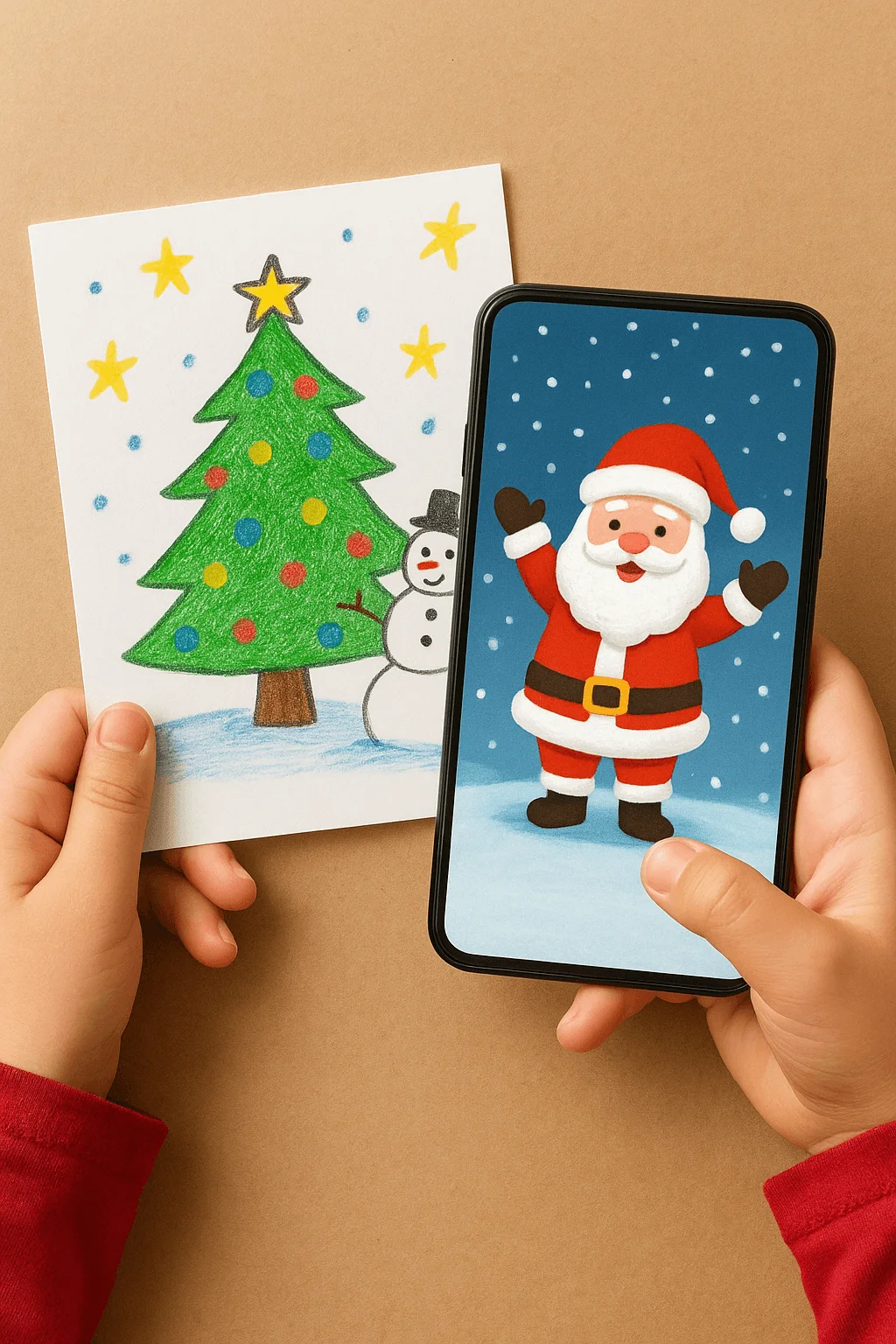 Child holding a hand-drawn Christmas card featuring a decorated tree and snowman in one hand, and a smartphone displaying an animated Santa Claus waving in the other, representing augmented reality Christmas cards.
