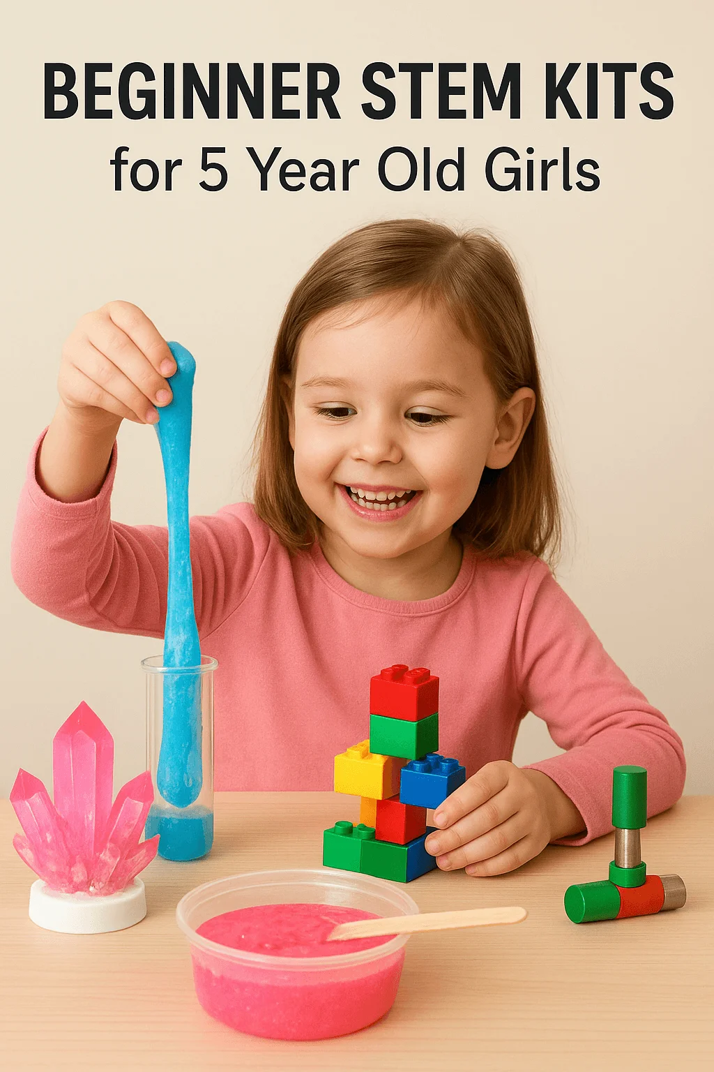 Photo of a young girl doing STEM activities, playing with blue slime in a test tube, colorful building blocks, a pink crystal light, and a bowl of pink slime with a wooden stick. The text above reads ‘Beginner STEM Kits for 5-Year-Old Girls