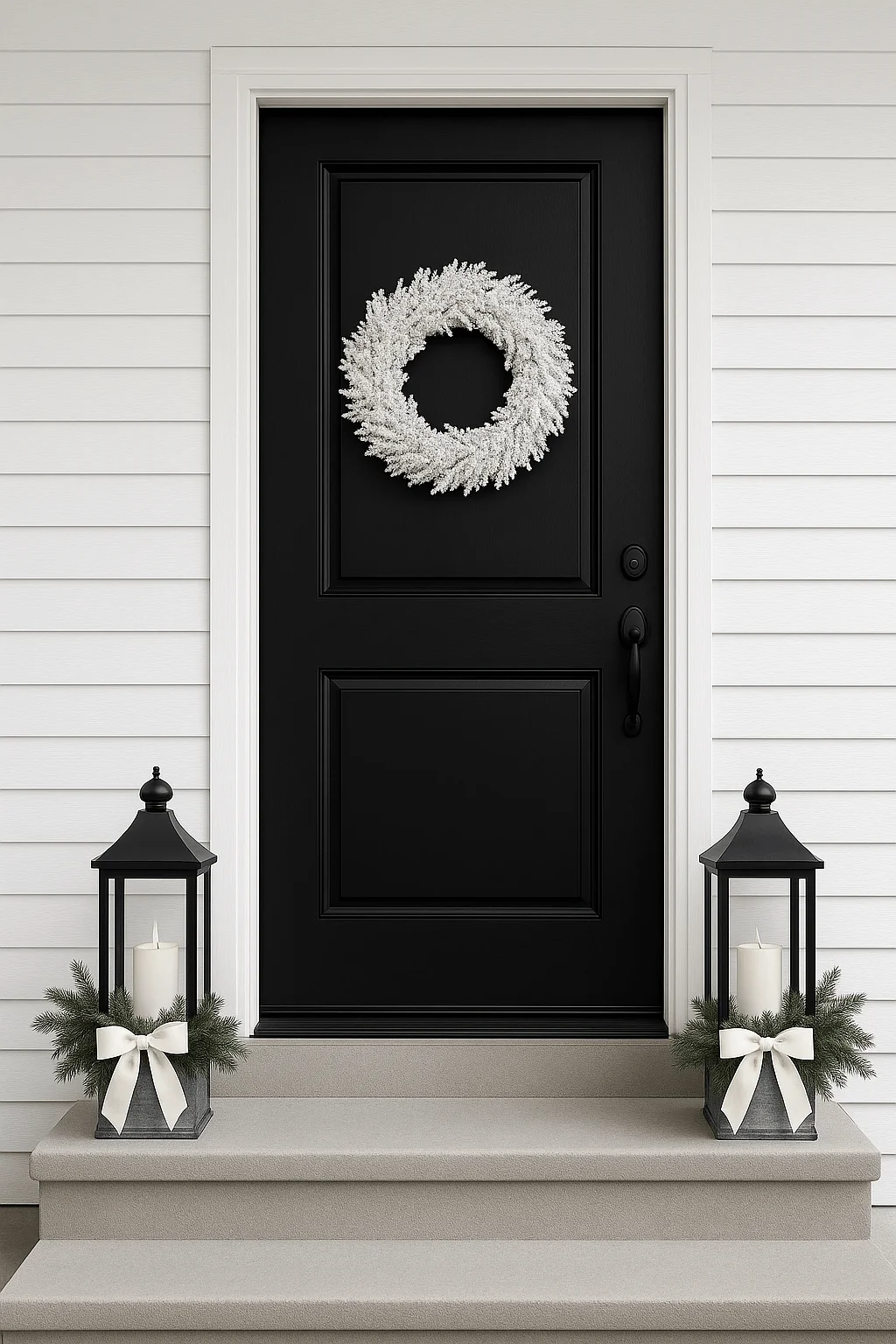 Modern farmhouse Christmas porch with a black front door, white frosted wreath, and two black lanterns decorated with white candles, greenery, and white ribbon bows on the steps