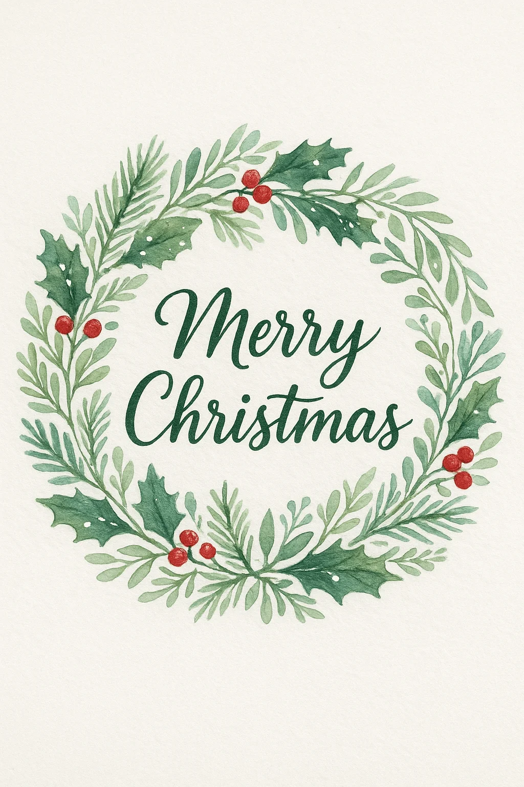 Watercolor Christmas wreath with green holly leaves, pine branches, and red berries surrounding the hand-lettered text ‘Merry Christmas’, elegant botanical holiday card design