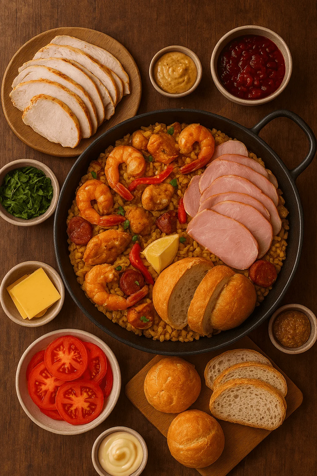 Boxing Day sandwich bar spread featuring sliced turkey, ham, shrimp paella, fresh bread rolls, sliced tomatoes, cheese, sauces, mustard, cranberry sauce, and herbs on a wooden table.