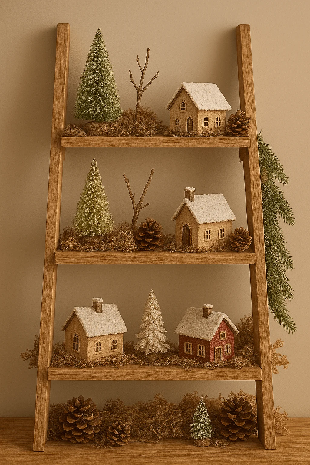 Rustic wooden ladder shelf decorated with miniature snowy houses, pinecones, bottle brush trees, and natural moss for a cozy woodland Christmas village display