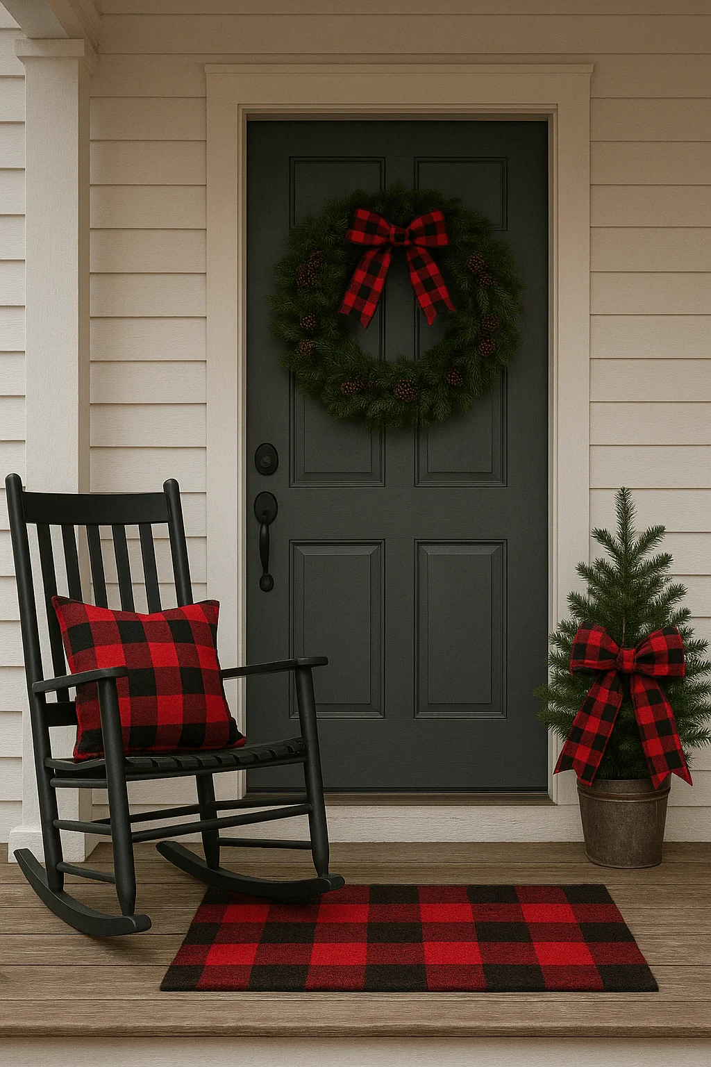 Farmhouse Christmas porch decor with black rocking chair, buffalo plaid pillow, matching red and black check rug, evergreen wreath with plaid bow on dark door, and mini tree in bucket with buffalo plaid ribbon.