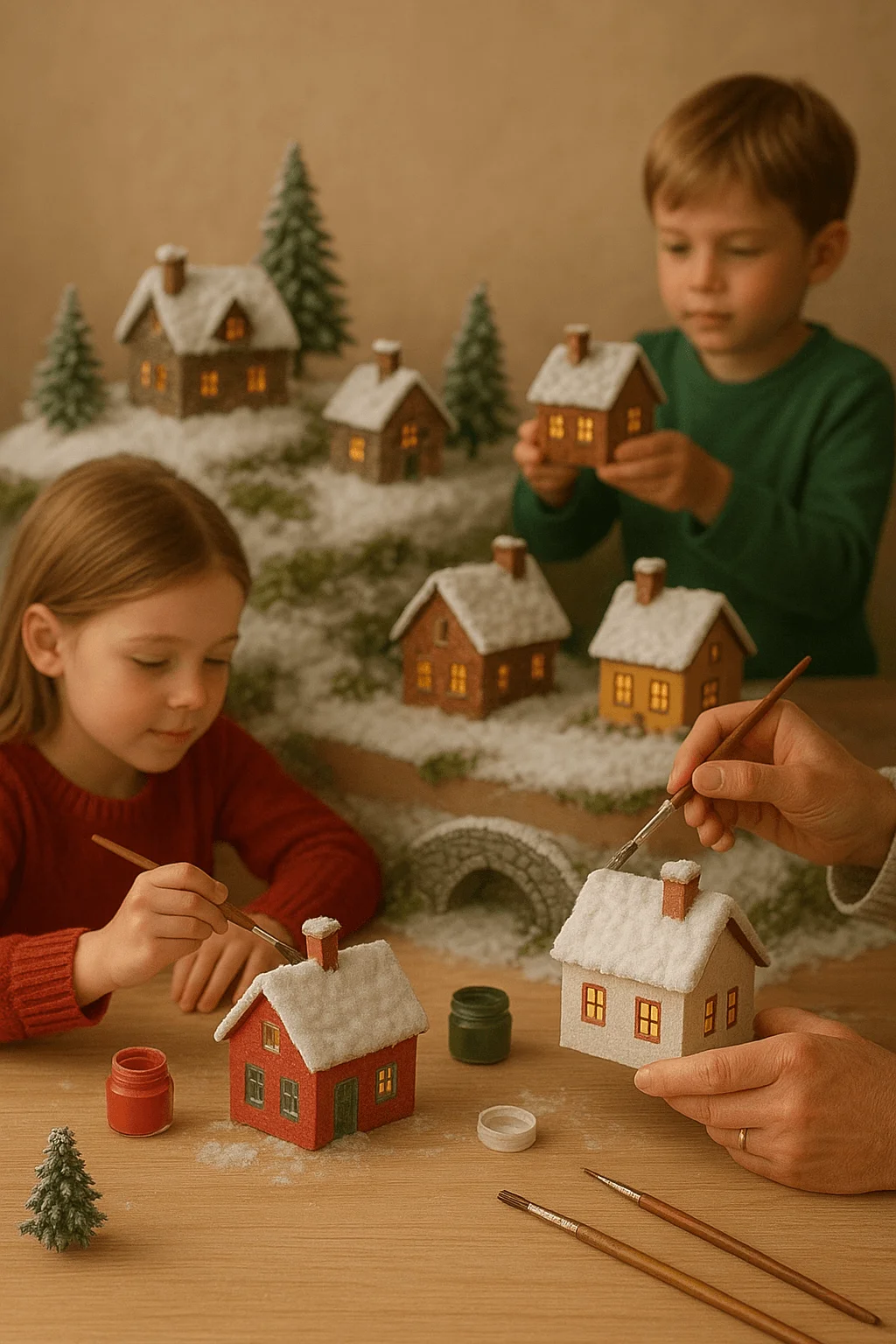Children painting miniature snowy houses for a Christmas village display, creating a festive holiday craft together with family